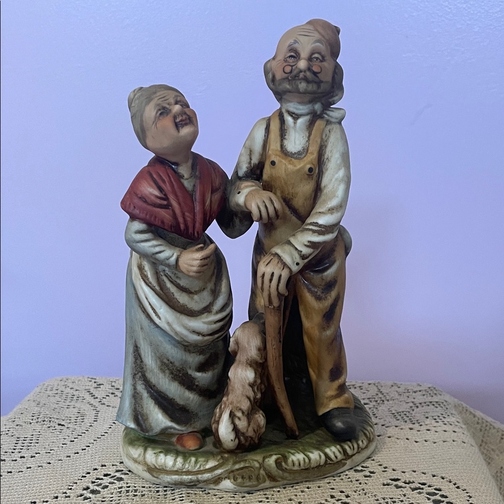 Vintage-Style Elderly Couple Ceramic Figurine in Brown and Cream- gardeners